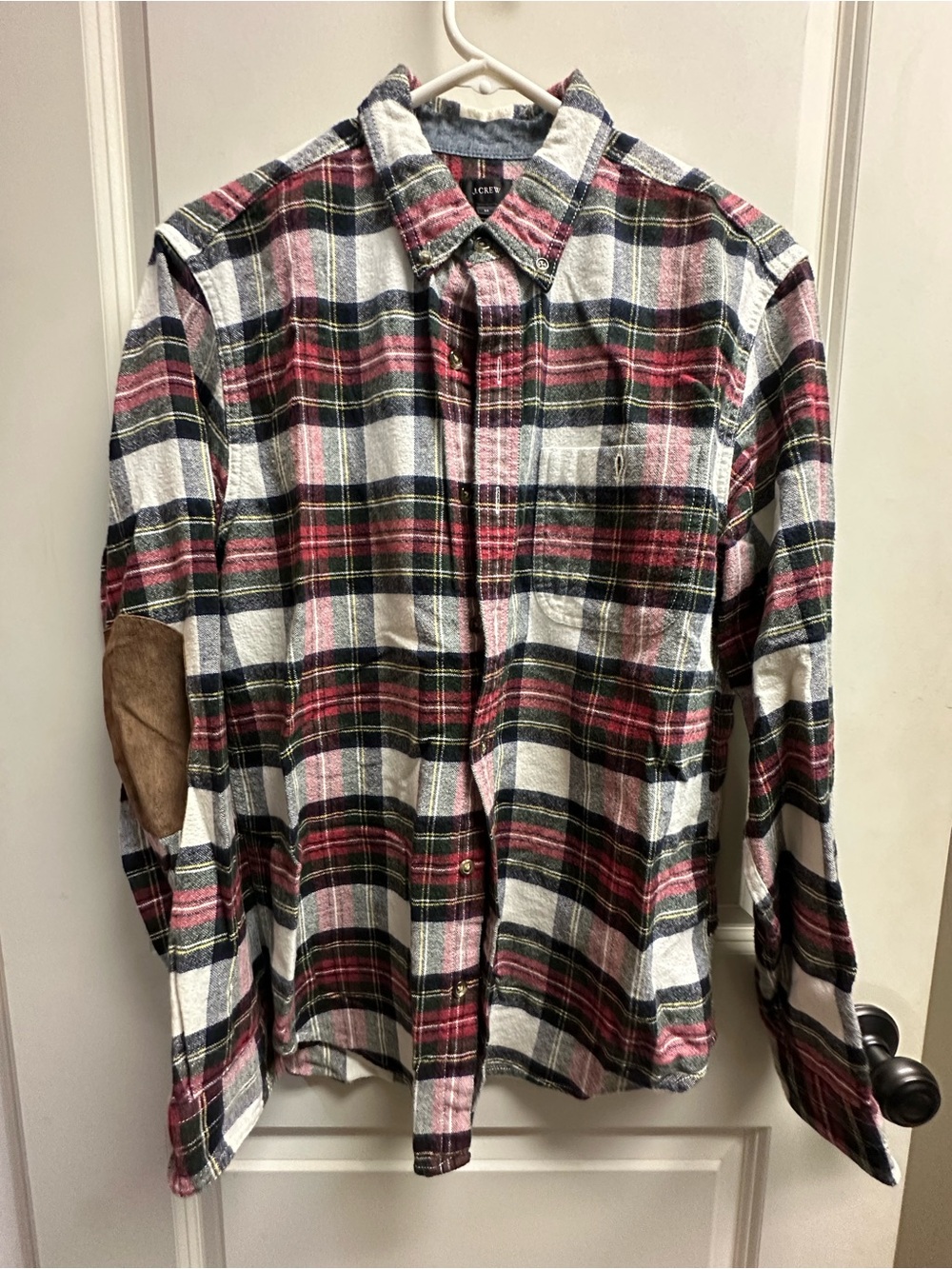 J. Crew Men’s Flannel Plaid Suede Elbow Patch Wool Shirt